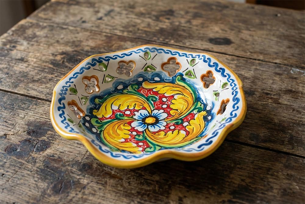 Cuenco de cerámica siciliana pintado a mano diseño italiano exclusivo Santo Stefano Flor Roja Art 22