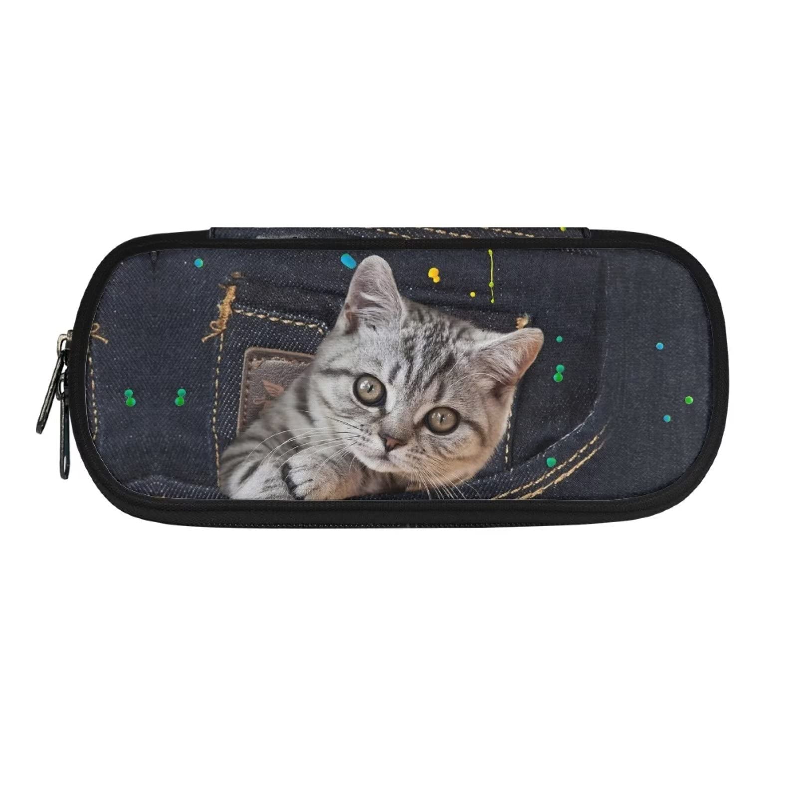 HUGS IDEA Denim Pocket Cat Kids Personalized Pencil Case for Boys Girls Large Capacity Zipper Pencil Pouch Aesthetie Pencil Bag with Mutli Compartments School Supplies Pencil Bag