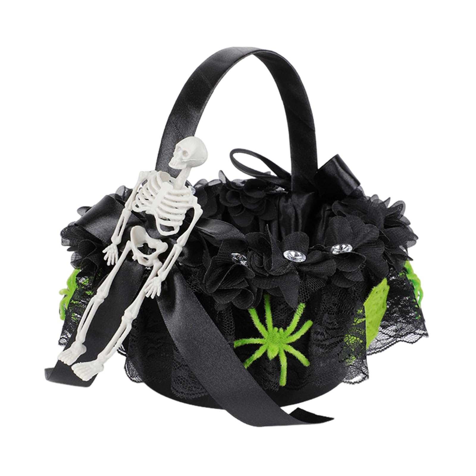 Tsophreniq Green S Decorative Cloth Flower Basket Skeleton Embellished Handheld Candy Basket For Festival Floral Arrangement Halloween Party Table Centerpieces Home Decoration Halloween Deck