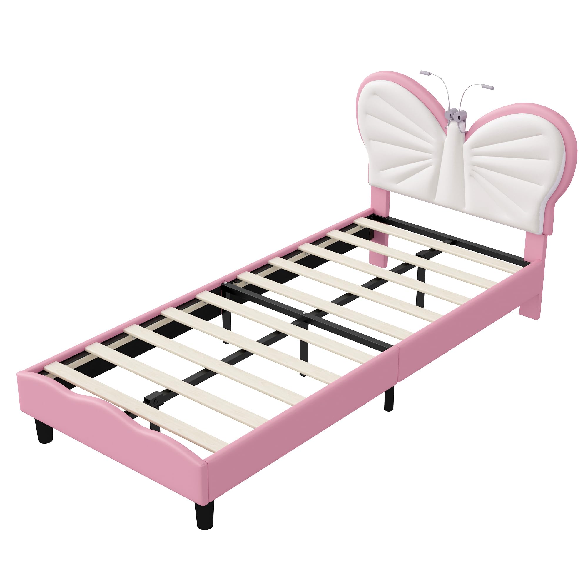 Lit Enfant Rembourré 90x200cm,Tête de Lit avec Lampe de Lecture LED,Cadre de lit pour Enfants avec Sommier à Lattes,Design Extérieur Papillon,Velours, Blanc Rose