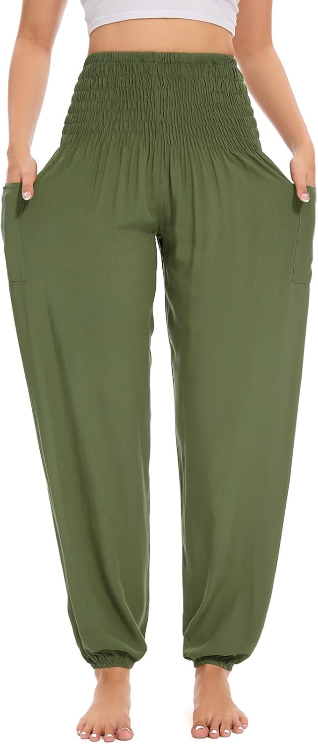 Women's Boho Harem Pants with Pockets, Smocked High Waist Hippie Flowy Trousers, Comfy Bohemian Clothes for Yoga - Image 2