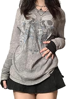 FeMereina Women Long Sleeve Grunge Aesthetic T-Shirt Loose F