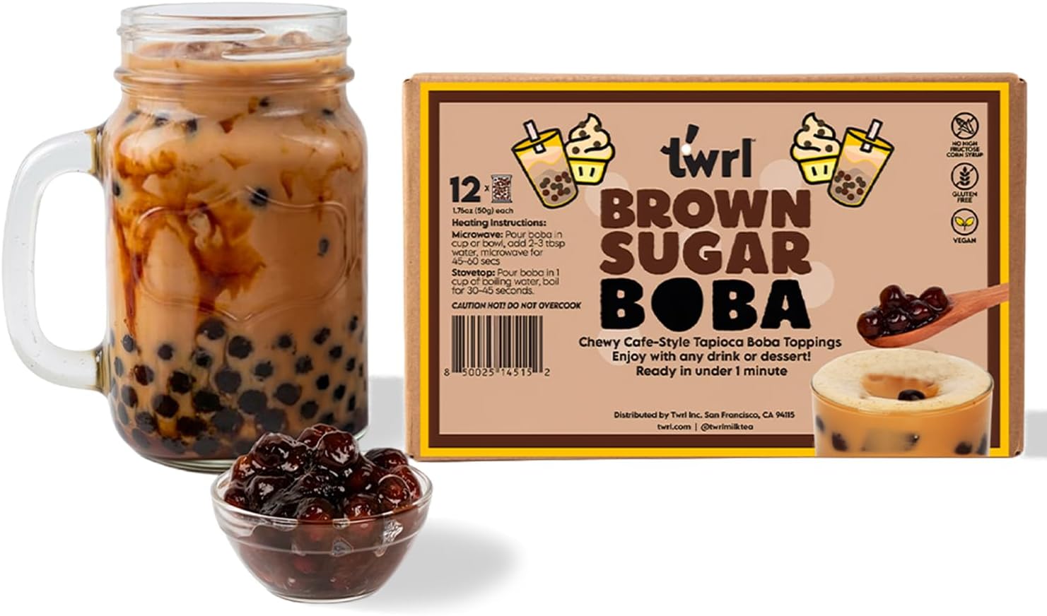 Twrl Brown Sugar Boba Bubble Tea Toppings - Taiwanese Boba Pearls, Cafe-Style Tapioca Milk Tea Topping, Instant - Perfect for Milk Teas and Coffee, Gluten-Free, Plant-Based - Pack of 12 Single Servings
