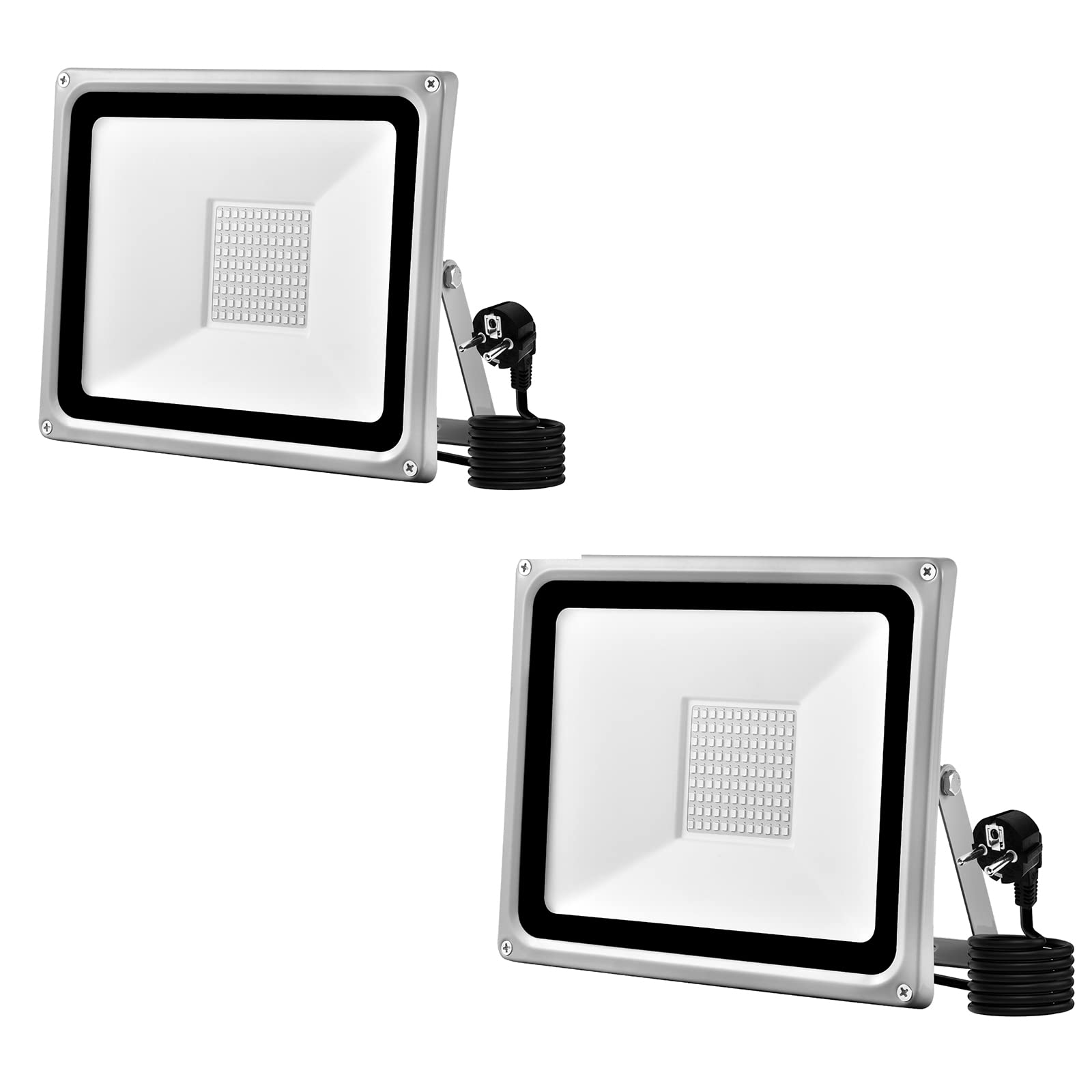 Viugreum 2 pièces 100W Projecteur LED Extérieur avec Prise,Spot LED Puissant 10000LM Étanchéité IP65, Blanc Froid 6500K, Éclairage de sécurité pour Patio Jardin Terrasse Garage Cour