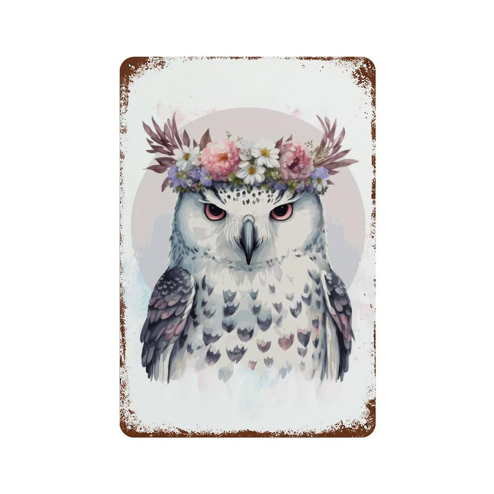 Floral Watercolor Snow Owl Rust Effect Tin Sign 11.8"x7.9", Rustic Home Decor for Cafe, Home Bar And Lounge Decor