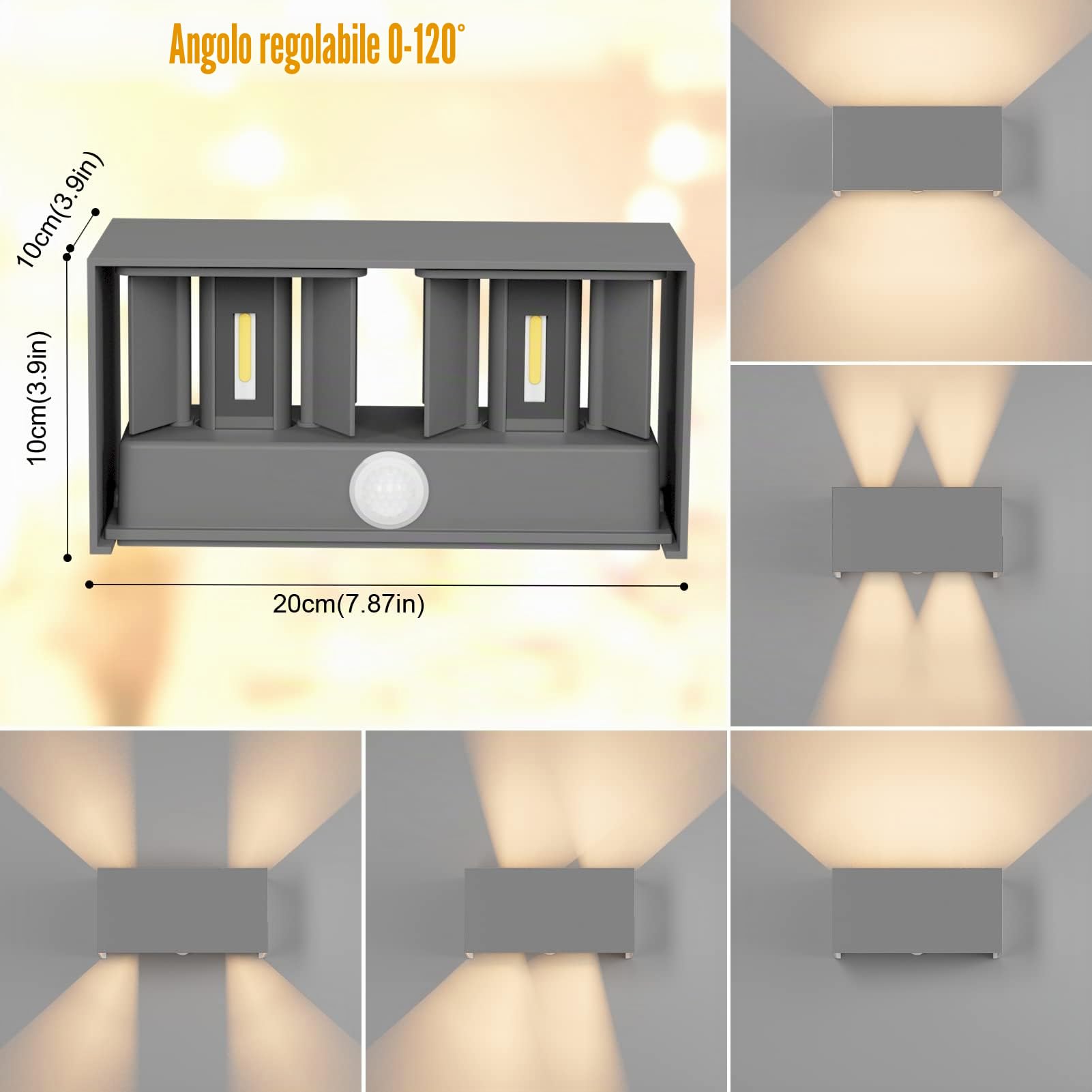 Klighten 2 PCS Lampada da esterno, 24W Applique da Parete con sensore di movimento per luci esterni/interni Lampada da parete con fascio regolabile IP65 Impermeabile 3000K,Grigio scuro