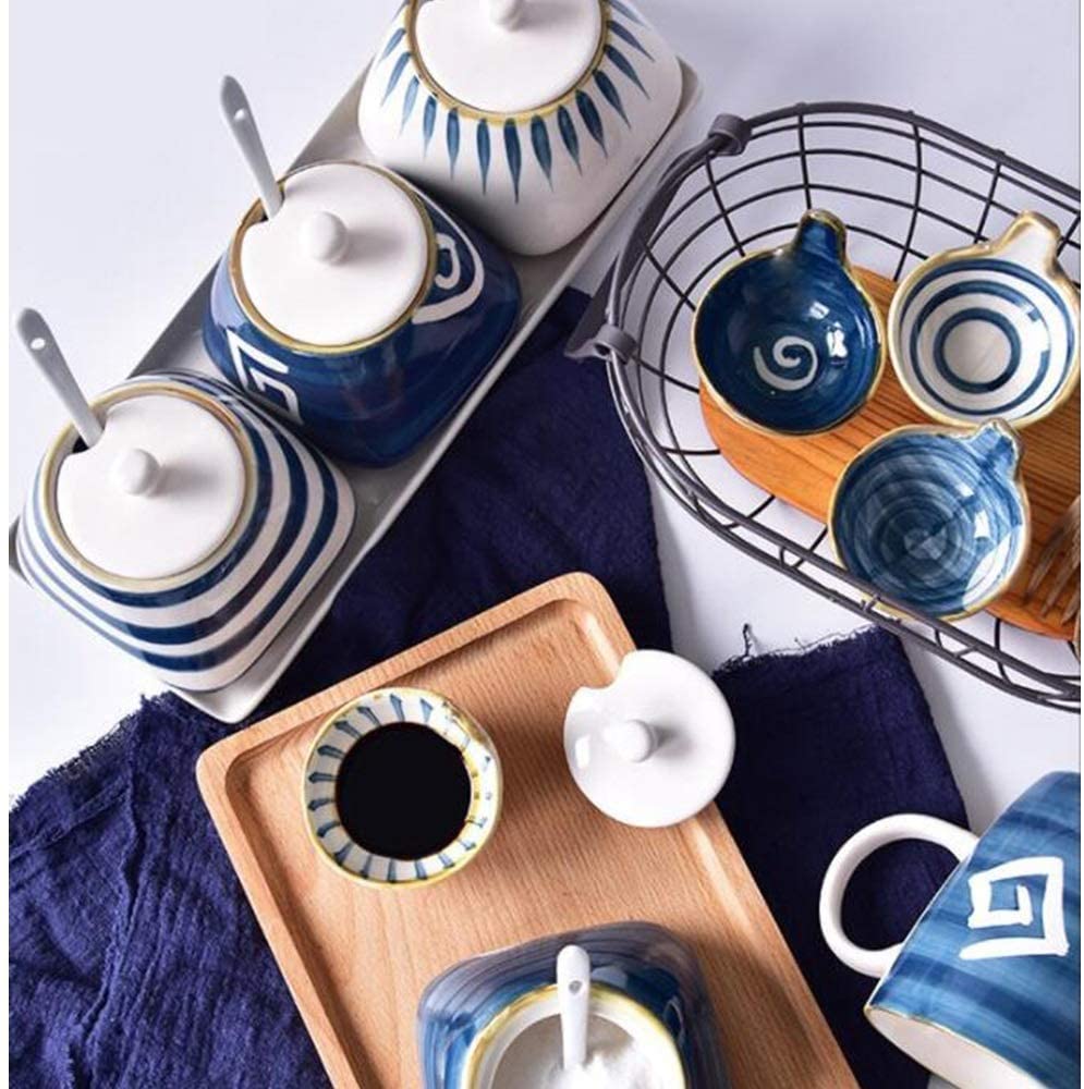 Bowls Japanese Seasoning Jar Kitchen Supplies Ceramic Household Sset Creative Oil Salt Seasoning Box Jar with Lid Seasoning Box(Color:B)