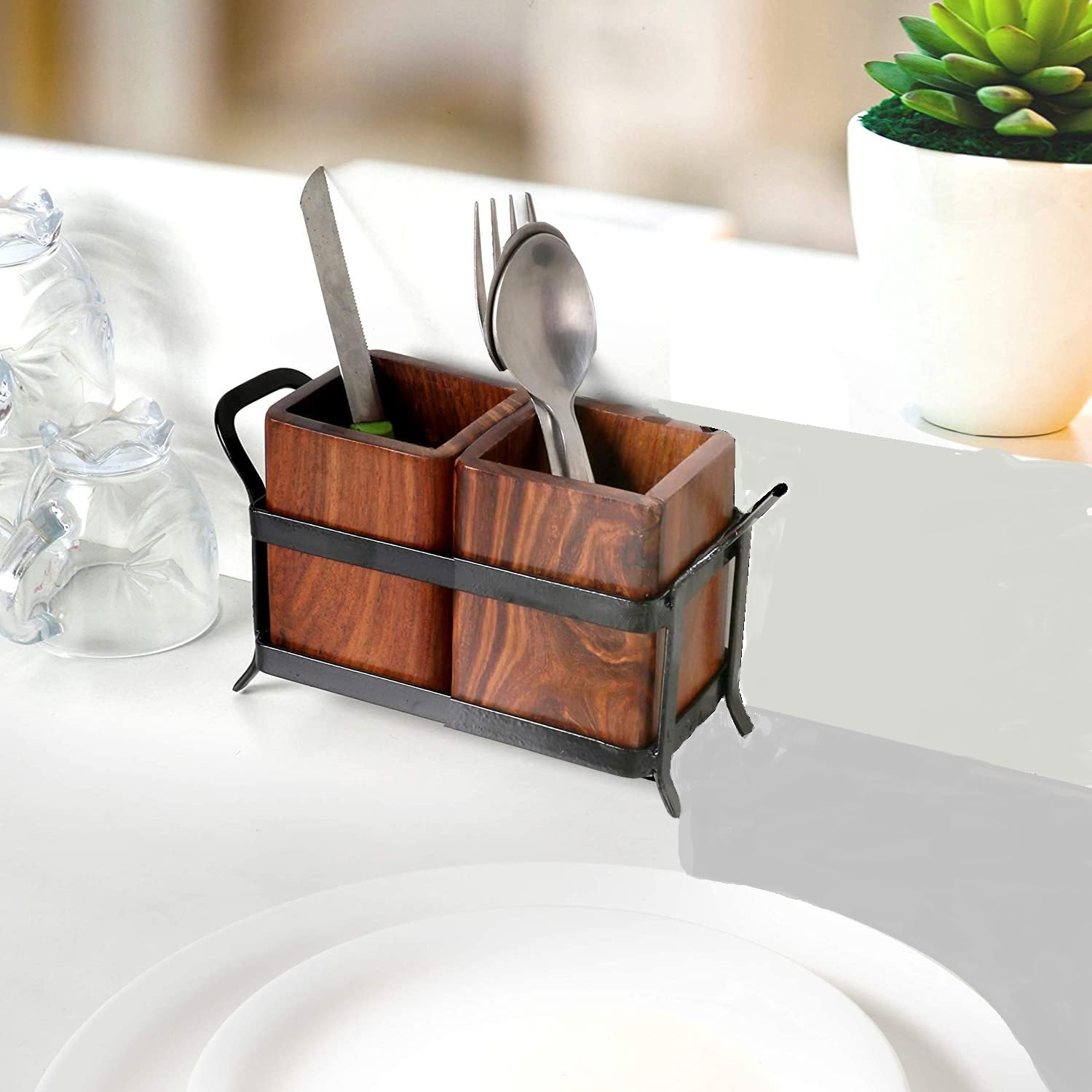 Vervique Emporium Wooden and Iron Cutlery Holder, Cutlery Set For Dining Table, Spoon Stand For Kitchen, Utensils Holder For Kitchen, Multipurpose Organizer Stand (Set of 2)