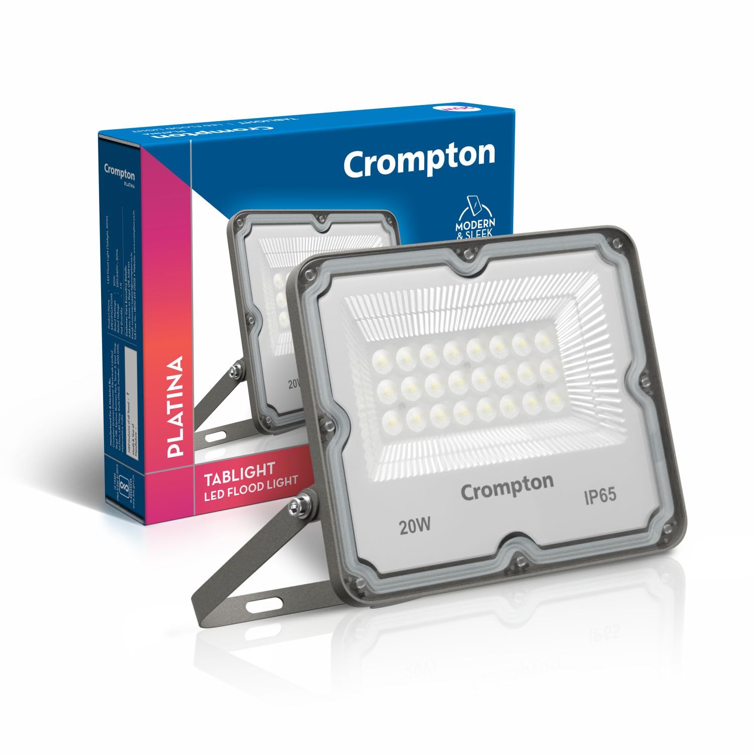 Crompton TabLight Outdoor Waterproof LED Flood Light 20W Cool Day Light | Pack of 1 | IP65 Rated, Wide-Beam, BIS Approved | Ideal for Garage, Garden, Parking & Commercial Use