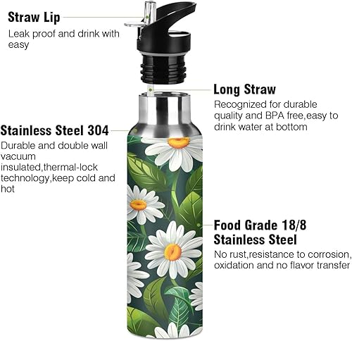 Miniatura 3 de BPA-Free Sports Water Bottle 32 Oz, Insulated Stainless Steel Water Bottle with Straw for Gym Outdoor Travel School, White Daisy Flowers Green Leaves