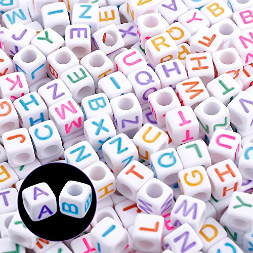 Augshy 1400pcs 5 Color Cube Alphabet Beads Bracelet Letter Beads for Bracelets Making with 1 Roll 50M Crystal String Cord for Jewelry Making(6mm)