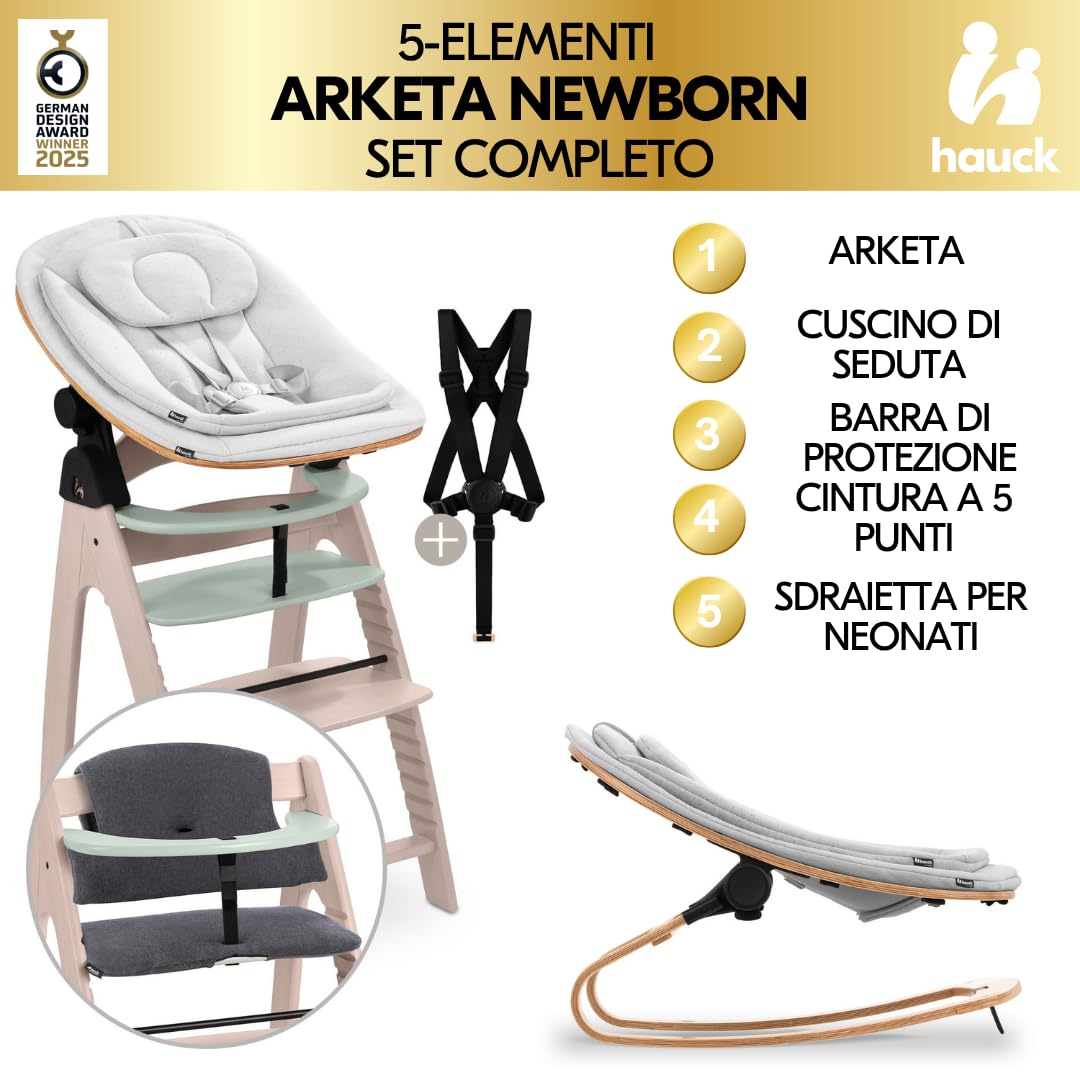 hauck Seggiolone Pappa Arketa Newborn Set Eco Bouncer – Seggiolone Evolutivo Legno Regolabile per Crescere insieme fin dalla Nascita, incluso Sdraietta Neonati e Cuscino (Faggio - Whitewashed Menta)
