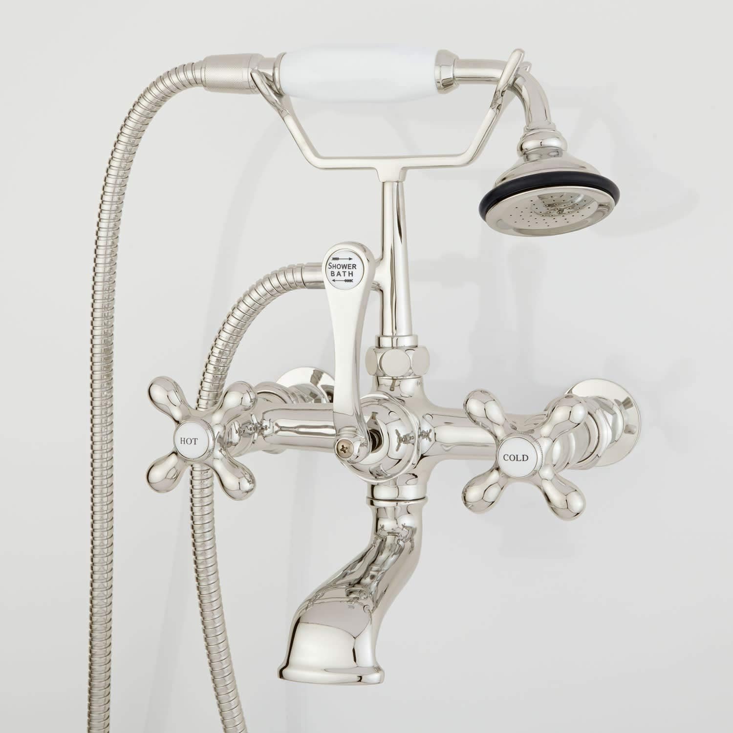 Signature Hardware 314175 Wall Mounted Tub Filler Faucet with 2" Wall Couplers, Cross Handles, and Lever Diverter - Includes Hand Shower, Valve Included