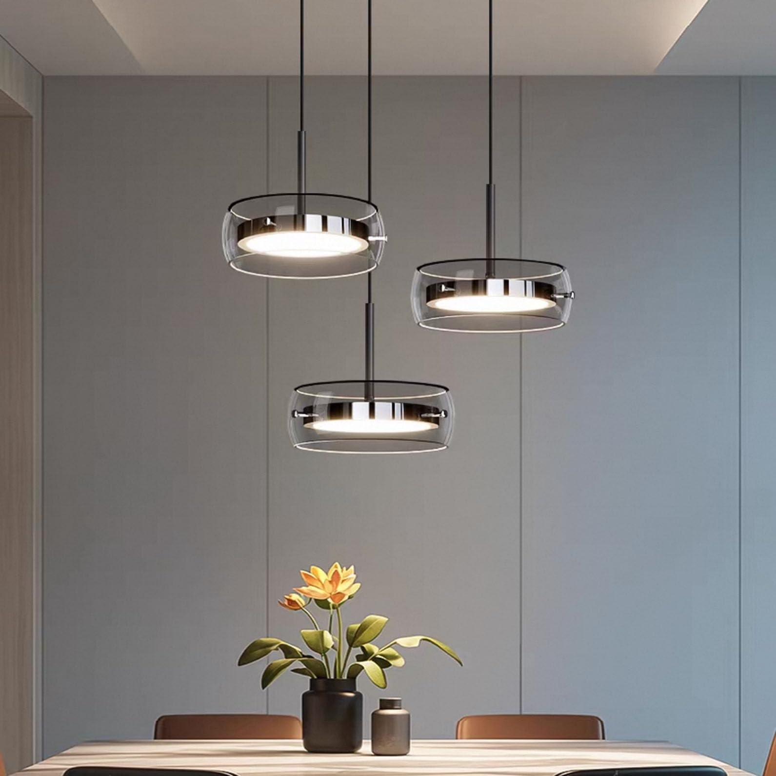 Moilsren 3 Pendant Glass Ceiling Light, Modern Pendant Light Kitchen Island Lights, Grey Lampshades Dining Lights Ceiling Hanging Lights for Living Room Hallway Kitchen Island Lights (B- 3 Head)