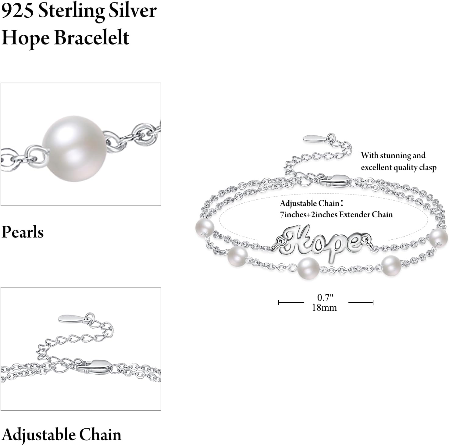 Hope Bracelet for Women Sterling Silver Dainty Freshwater Pearl Bracelets Religious Bracelets Christian Religious Confirmation Jewelry Gifts for Women
