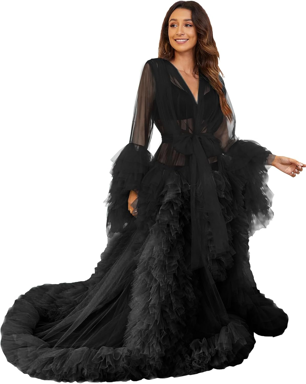 BATHGOWN Sexy Illusion Long Lingerie Tulle Robe Nightgown Bathrobe Sleepwear Bridal Robe Wedding Scarf - Image 2