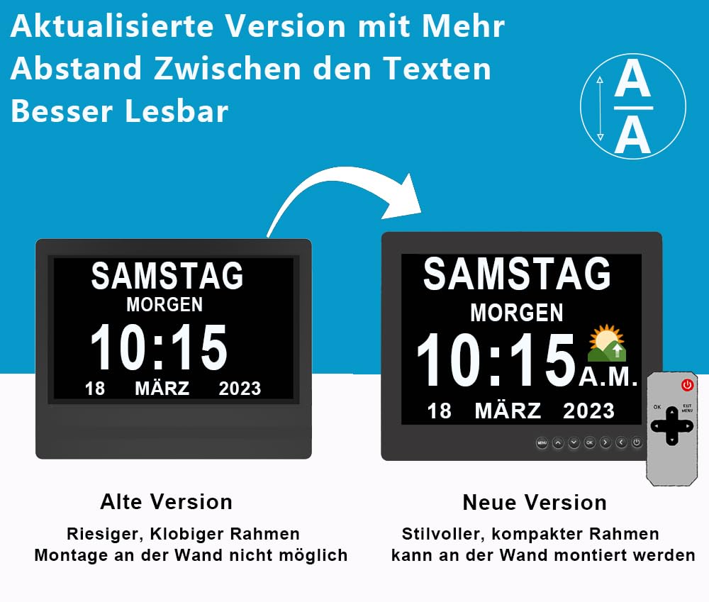 Véfaîî Upgraded 19 Alarme Elektronische Tag Datum Kalenderuhr, Nicht-Abgekürzte Tag Datum Große Uhr für Senioren mit Demenz Alzheimer – mit Fernbedienungr – 8 Zoll mit Fernbedienung