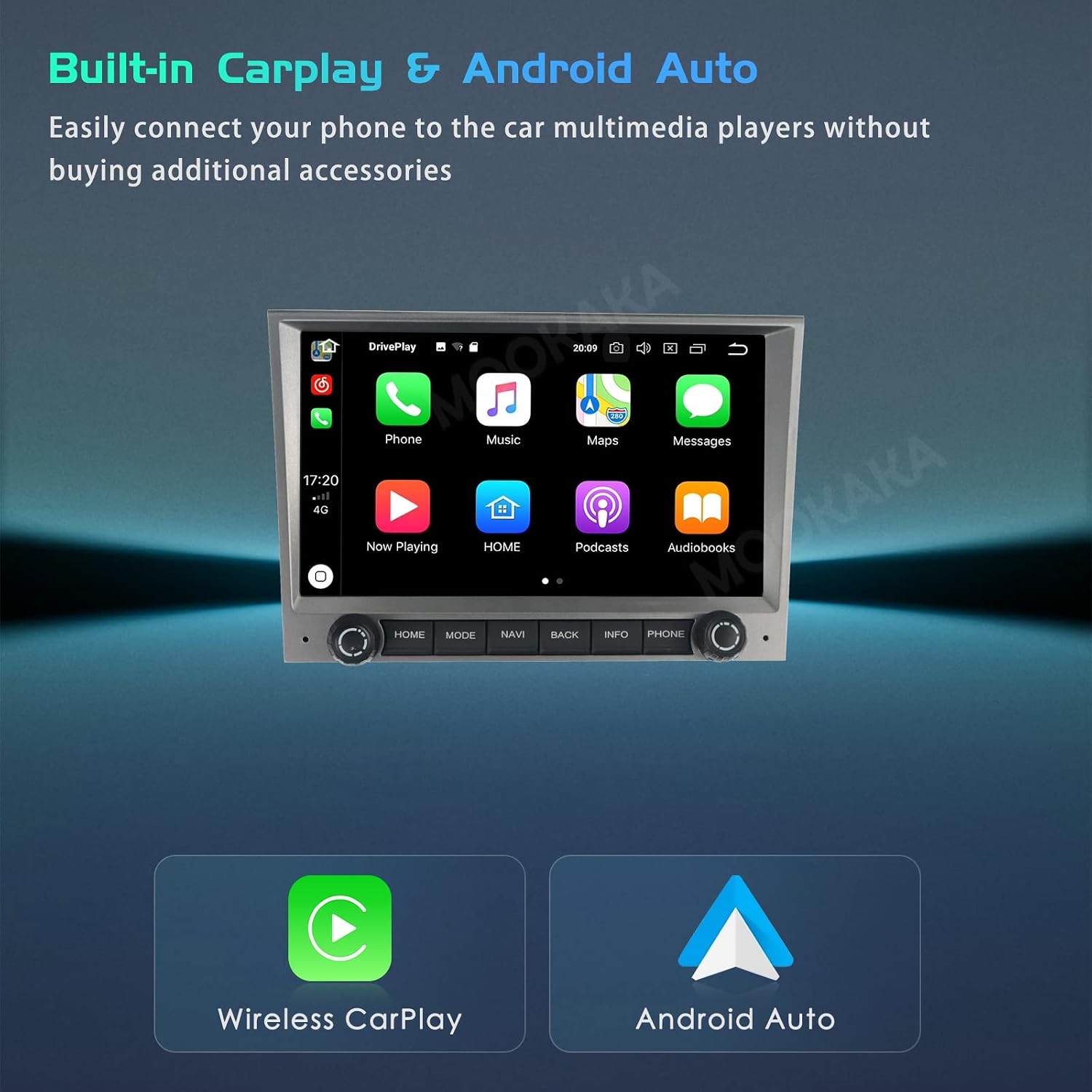 Car stereo screen displaying Wireless Carplay and Android Auto interface