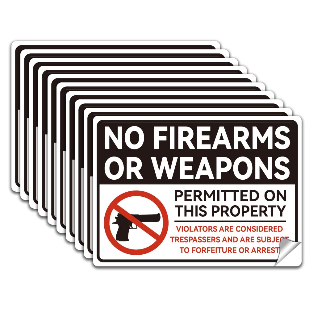 WADORN 10Pcs No Firearms Or Weapons Permitted On This Property Sign Sticker, No Weapons Allowed Sign Self-Adhesive Vinyl Decal Weapons Prohibited Sign Warning Stickers for Outdoors 7.08x5.12 Inch