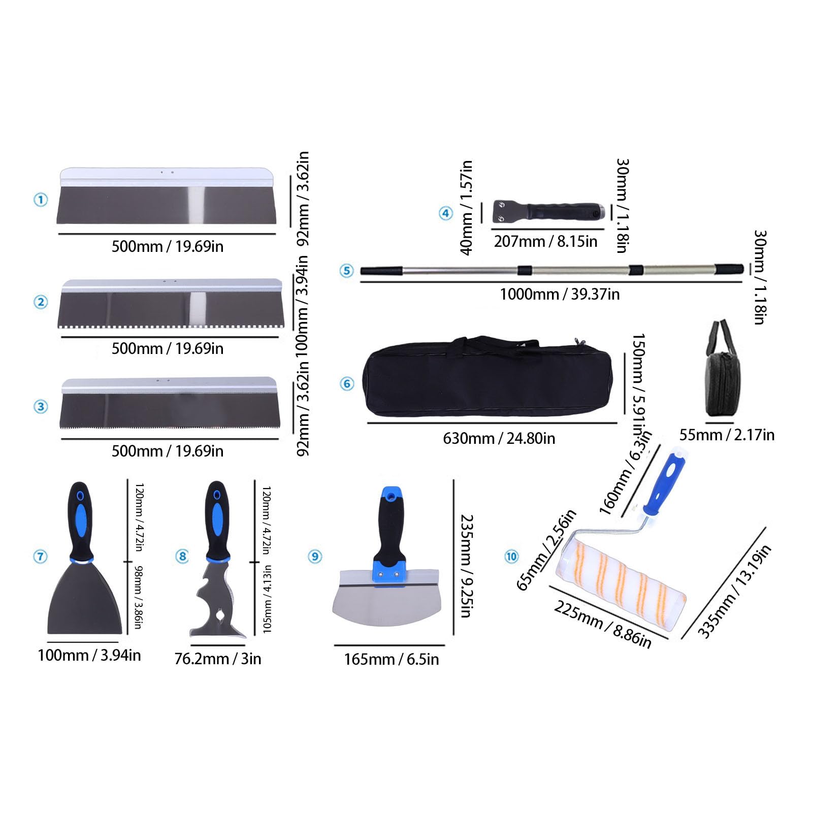 FTVOGUE Kit de Herramientas para Cemento de 10 Piezas, Bolsa de Almacenamiento Incluida, Autonivelante de Acero Inoxidable, para Trabajos de Albañilería