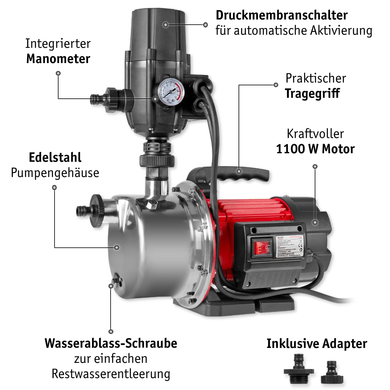 WALTER Hauswasserautomat 1100 W Wasserpumpe, 4500 Liter pro Stunde | Trockenlaufschutz, Hauswasserwerk zur Wasserversorgung aus Brunnen, Zisternen und Regentonnen, maximale Förderhöhe von 45m