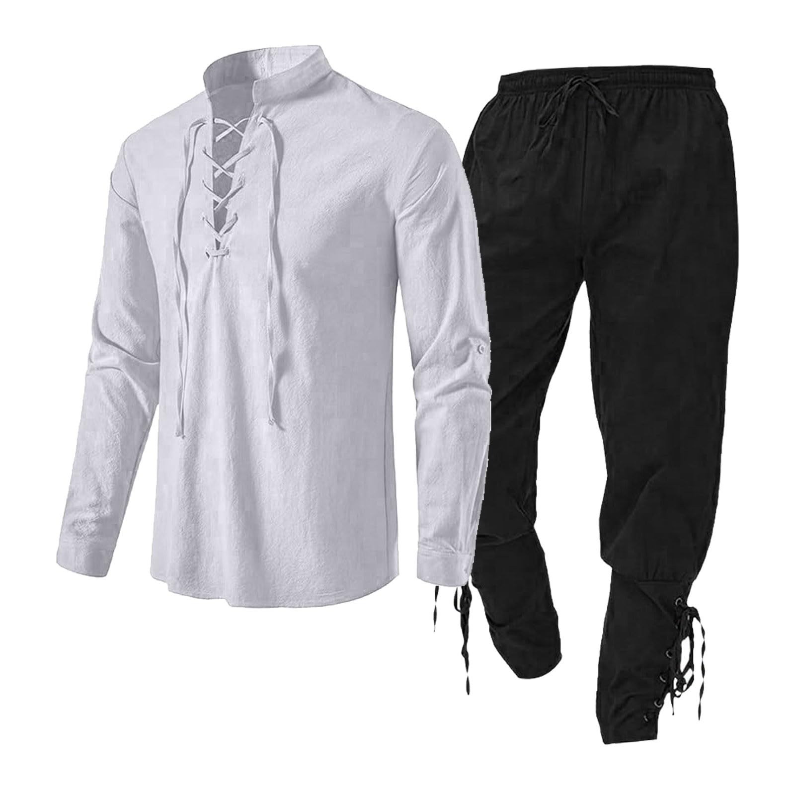 Medieval Men's Clothing Set, Linen Shirt and Pants with Ankle Straps Viking Costume Set Lace Up Tunic Top Outfit for Theme Parties Renaissance Fairs (White, S)