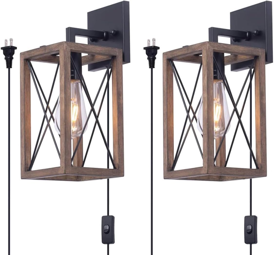 VDOQTLJT Wall Sconces Indurial Plug in Sconce Farmhouse Retro Kitchen Wood Lights with E26 Base Bedside Reading Lamp Mounted r g Room nt t(2PCS)