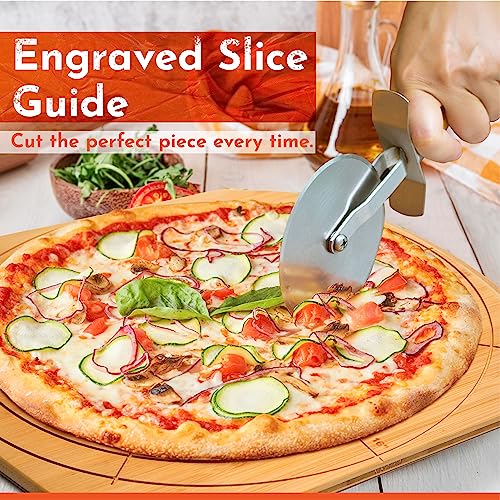Image of Wooden Pizza Peel 14 Inch Board with Engraved Sizes - Multi-Purpose Bamboo Pizza Cutting Board, Wood Pizza Peel, Pizza Spatula Paddle, and Serving Board with Size and Cutting Guide