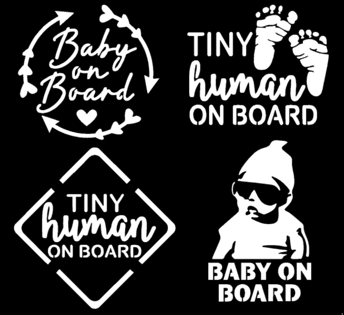 SLACED Baby On Board Decal 4 Pack: Baby On Board Heart Arrows, Tiny Human On Board Sign, Baby Foot Prints, Baby On Board Sunglasses Decals (White,