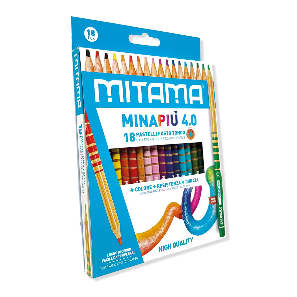 Mitama - Pastelli MINAPIU 4.0 - Confezione da 18 pastelli - Mina grande 4 mm resistente - diametro 7,5 mm - Spazio per il nome - Colori Scuola - Pastelli Astuccio Scuola