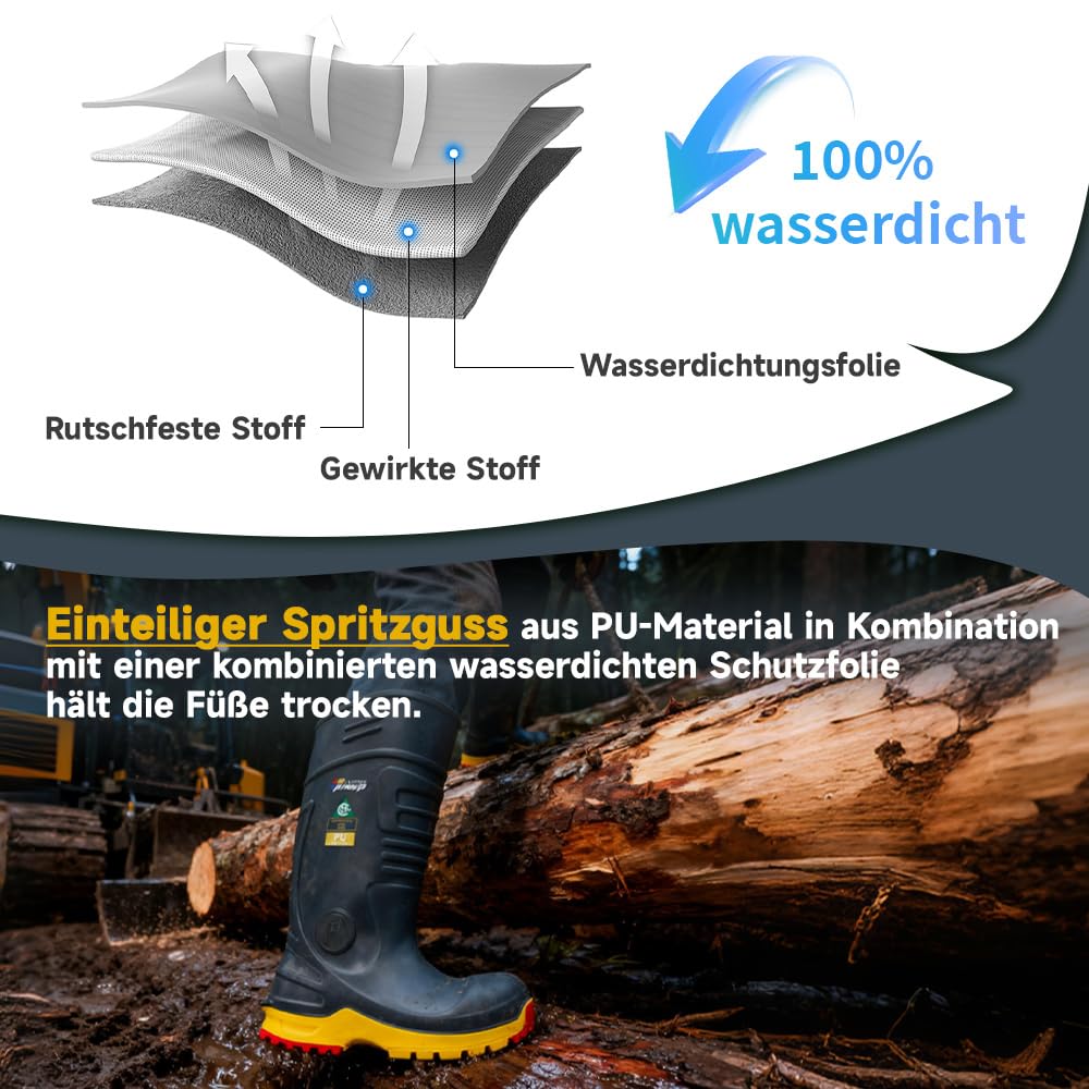 S5 Sicherheitsstiefel Herren – PU Gummistiefel mit Stahlkappe & Durchtrittschutz, säure- und ölbeständig, Wasserdicht, Rutschfest für Bau & Landwirtschaft, CE & CSA