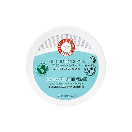 First Aid Beauty - Facial Radiance Pads with Glycolic & Lactic Acids, Daily Exfoliating Pads with AHA, Visibly Smaller Pores, Help Tone & Brighten Skin, One-Step Makeup Prep, Compostable, 28