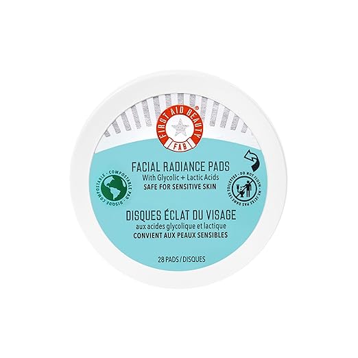 First Aid Beauty - Facial Radiance Pads with Glycolic & Lactic Acids, Daily Exfoliating Pads with AHA, Visibly Smaller Pores, Help Tone & Brighten Skin, One-Step Makeup Prep, Compostable, 28