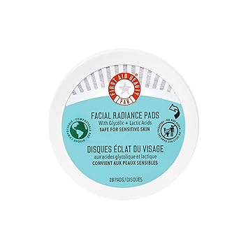 First Aid Beauty - Facial Radiance Pads with Glycolic & Lactic Acids, Daily Exfoliating Pads with AHA, Visibly Smaller Pores, Help Tone & Brighten Skin, One-Step Makeup Prep, Compostable, 28