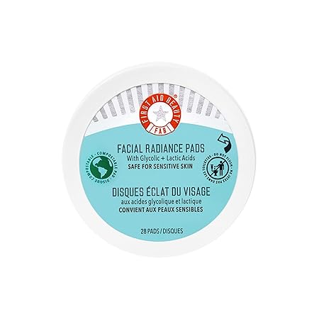 First Aid Beauty - Facial Radiance Pads with Glycolic & Lactic Acids, Daily Exfoliating Pads with AHA, Visibly Smaller Pores, Help Tone & Brighten Skin, One-Step Makeup Prep, Compostable, 28