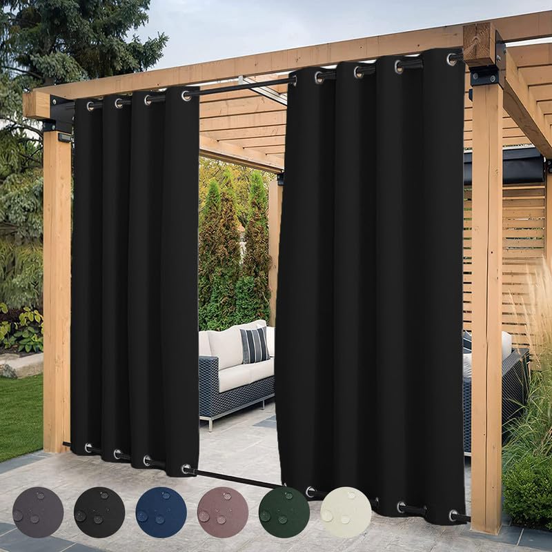 FicaRico Weighted Windproof Outdoor Curtains for Patio with Grommets On Top and Bottom, Waterproof Blackout Curtains for Pergola, Gazebo, Customizable Sizes, 1 Panel, W52 xH72, Black