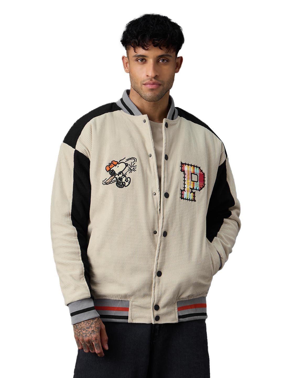Peanuts: Happy Days Men and Boys Full Sleeves Mandarin Collar Light Beige Typography Embroidered Polyester Oversized Fit Lightweight Everyday Bomber Jacket-image-36