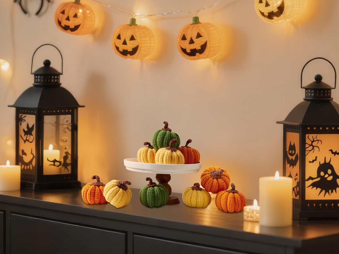 DUQGUHO Pumpkin Decor Crochet Small Decorative Pumpkins Orange Green Yellow Knitted Gift Mantel Thanksgiving Table Decorations 5 Pcs