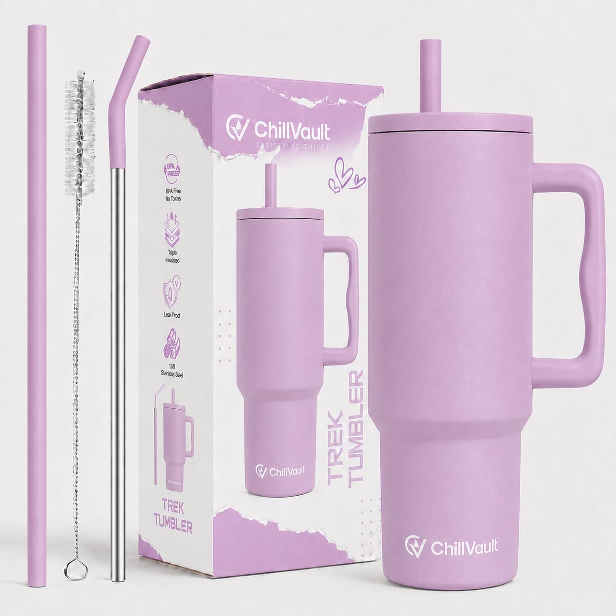 REFULGIX ChillVault 1200ml Stainless Steel Tumbler | Double-Wall Insulated Travel Mug with Handle, 2 Straws & Leak-Proof Lid | Keeps Drinks Hot & Cold | Laviander