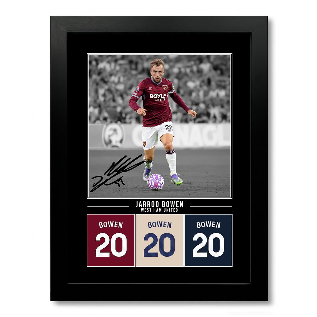Jarrod Bowen West Ham Signed Photo Poster Print Picture Display Framed Autograph Memorabilia for Football Fans Gift England (A4 Framed Poster Black)