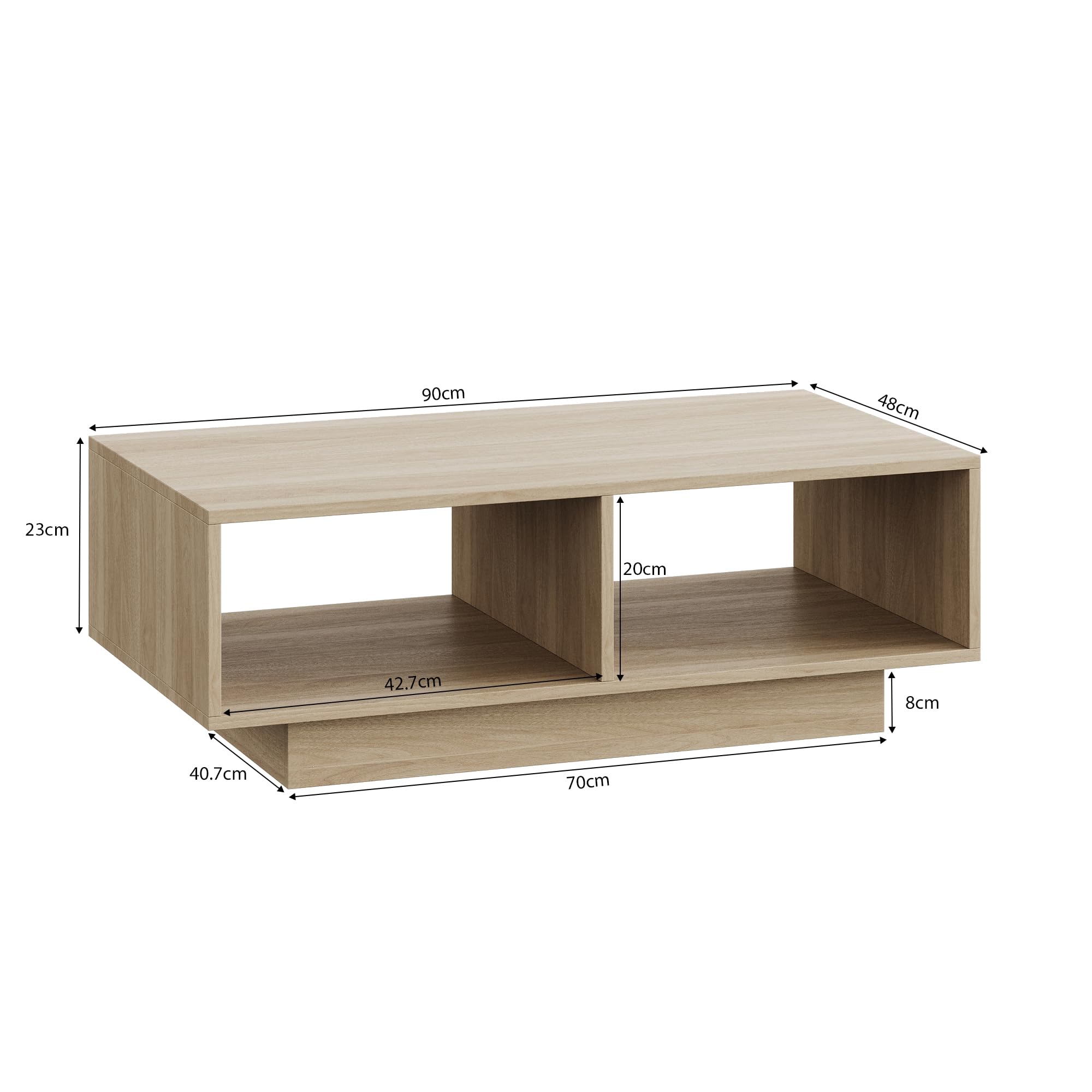Table basse Chêne clair, Table d'appoint pour thé pour le salon, moderne et élégant, table basse rectangulaire avec 2 compartiments ouverts, table d'appoint rectangulaire pour canapé, pour la
