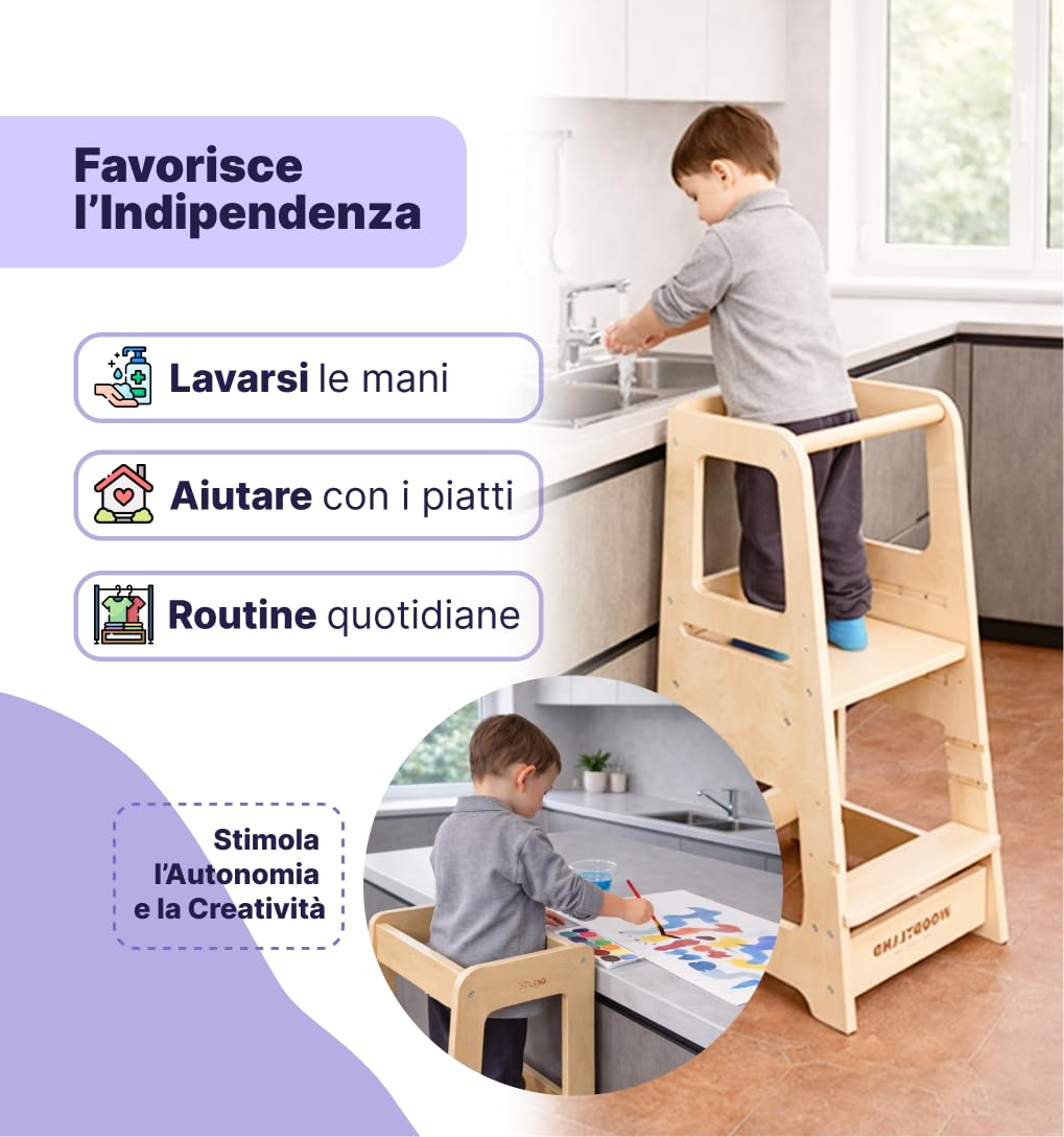 WOODYLAND Torre montessoriana Live, Scala bambini regolabile in altezza, Legno vero 40x39,5x90 cm