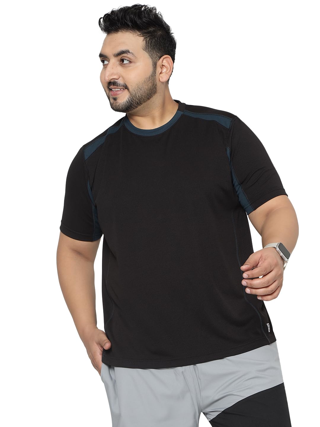 john pride Plus Size Men Regular Fit Colourblock Stretchable Dry Fit Black T-Shirt (JPTSRY32418_Black)-picture-51