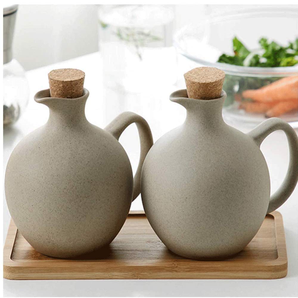 500ml Botella De Aceite De Oliva Dispensador De Vinagre con Bandeja De Madera, CeráMica Vinagrera Aceite Lata Almacenamiento Aceitunas para Cocinar En La Cocina Botellas De Aderezo De Soja