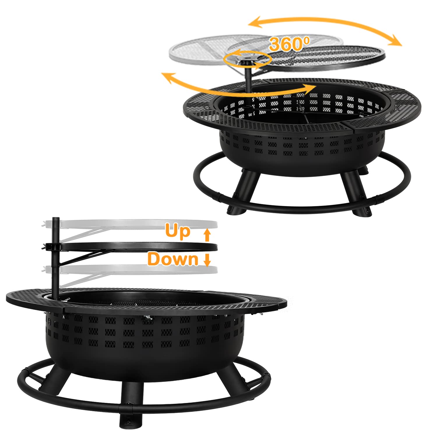 Hykolity 2 in 1 Fire Pit with Swivel Cooking Grill, 32" Wood Burning Fire Pit Outdoor Firepit
