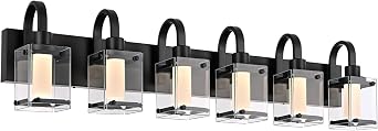 LED Modern Bathroom Vanity Lights, 6 Lights Black Bathroom Light Fixtures, Integrated LED Chips, Frosted Column with Clear Square Glass Shade, Dimmable Wall Sconce for Bathroom