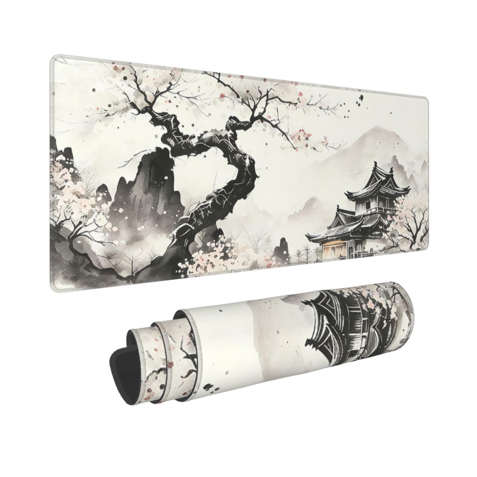Japanese Cherry Tree Large Gaming Mouse Pad, Long Extended Full Mouse Mat Desk Pad for Top Keyboard Table, Aesthetic Cute Big Stitched XL Mousepad Gifts for Women Office Decor, 31.5 * 11.8 in