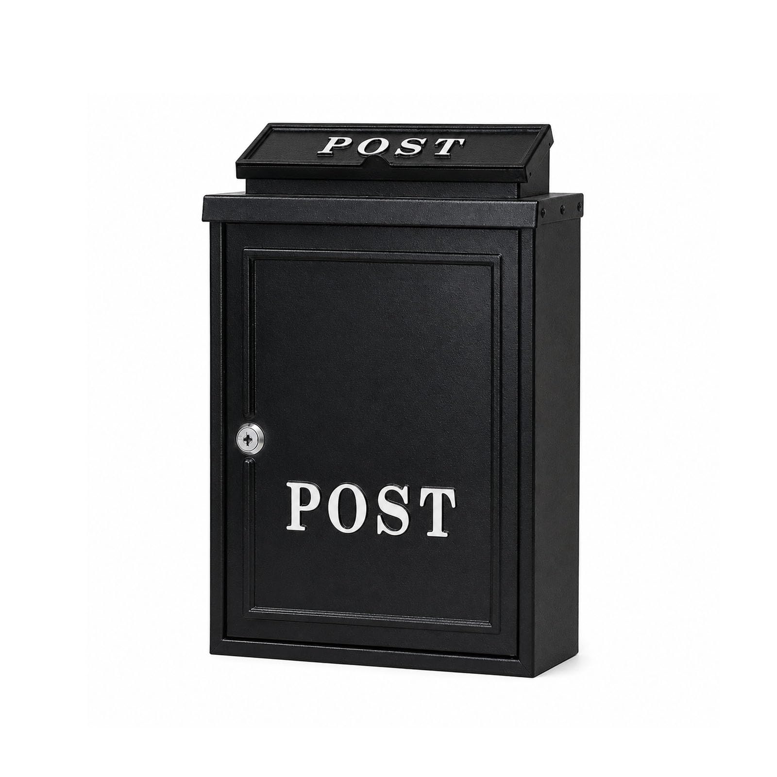 QINPI Wall Mounted Post Box, Outdoor Lockable Metal Mailbox with Top Posting Slot, Weather Resistant Black Letter Box