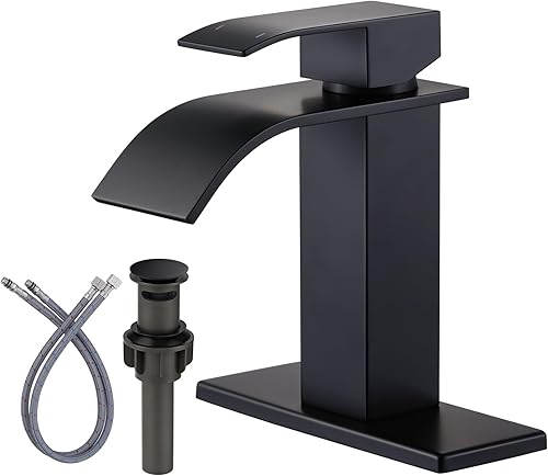 ARCORA Grifo de baño en cascada negro mate para lavabo de baño, grifo mezclador de una sola manija, grifo de tocador lavatorio con placa de cubierta