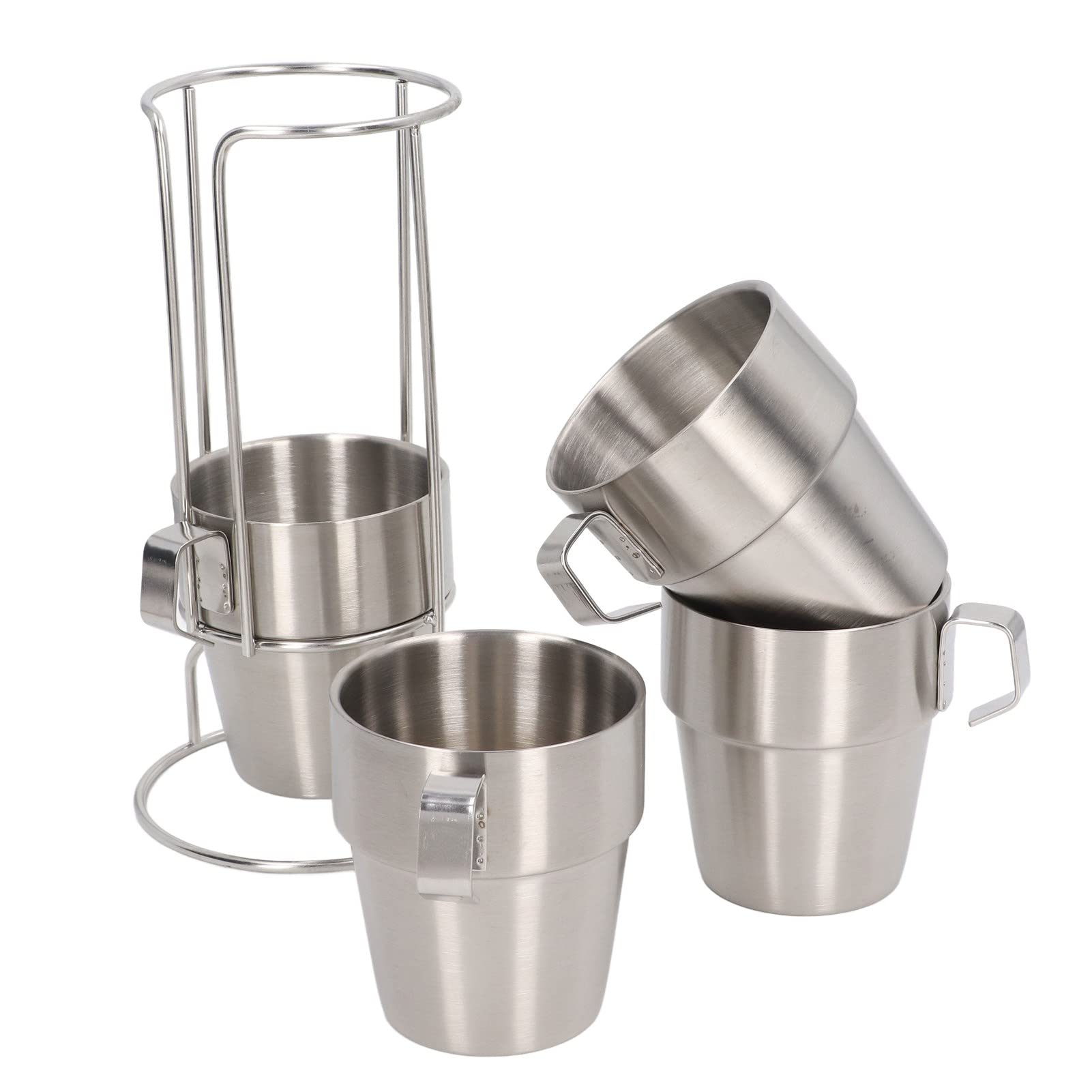 4er-Pack Stapelbare Doppellagige Kaffeebecher, Campingbecher aus Edelstahl mit Klappbarem Griff und Ständerhalter für Picknicks und Wanderungen Im Freien